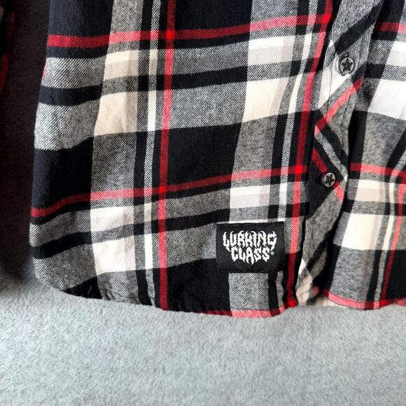 Lurking Class Flannel Shirt Women's Medium Black White Red Plaid Skull Button Up - Picture 4 of 11